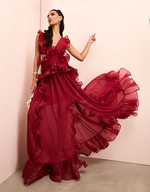 ASOS LUXE - Vestito lungo bordeaux con scollo profondo, dettagli in chiffon arricciato e schiena scoperta