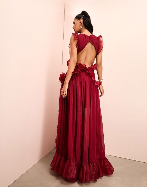 ASOS LUXE - Vestito lungo bordeaux con scollo profondo, dettagli in chiffon arricciato e schiena scoperta, 2 di 4