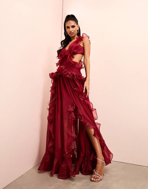 ASOS LUXE - Vestito lungo bordeaux con scollo profondo, dettagli in chiffon arricciato e schiena scoperta, 4 di 4