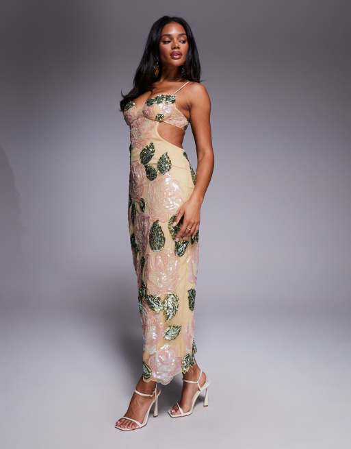 ASOS LUXE - Vestito lungo color crema decorato con rose di perline