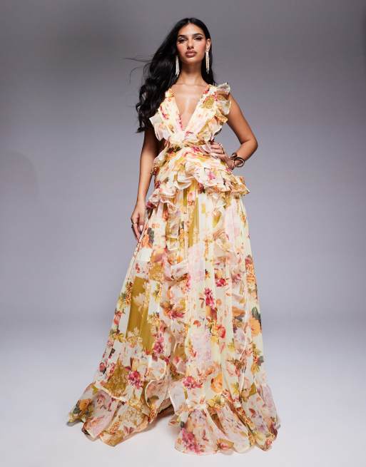 ASOS LUXE - Vestito lungo con motivo patchwork a fiori, scollo profondo, dettaglio in chiffon arricciato e schiena scoperta
