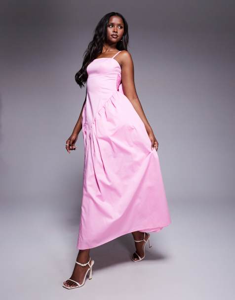 ASOS LUXE - Vestito lungo in rasatello di cotone stretto in vita rosa con fiocco dietro - view 1