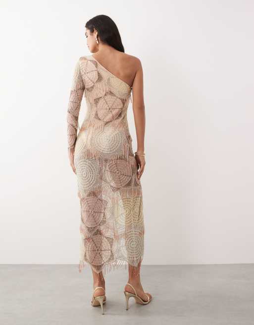ASOS LUXE - Vestito lungo monospalla all'uncinetto decorato con perline pastello e spacco, 4 di 4
