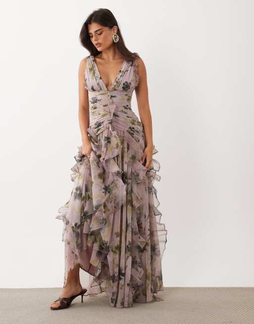 ASOS LUXE vestito maxi arricciato con dettaglio a cascata a fiori
