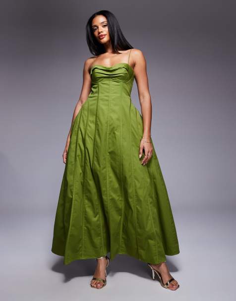 ASOS LUXE - Vestito midi in rasatello di cotone verde oliva - view 1