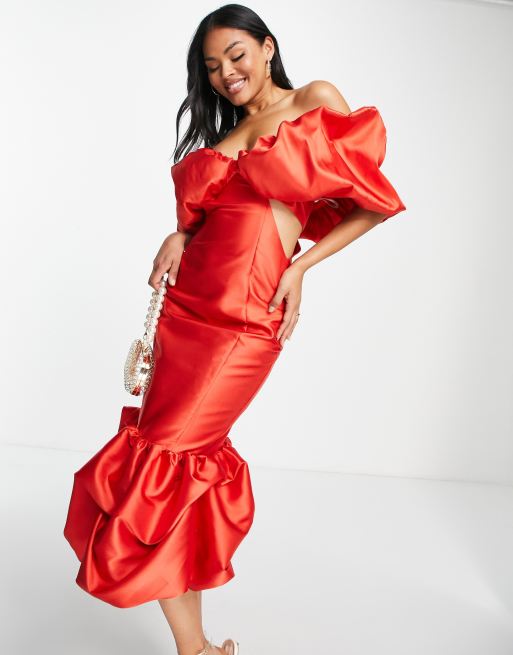 ASOS Luxe - Vestito midi in raso rosso vivace con scollo alla Bardot a palloncino, 2 di 4