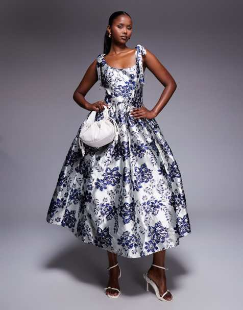 ASOS LUXE - Vestito midi jacquard blu a fiori con gonna a ruota - view 1
