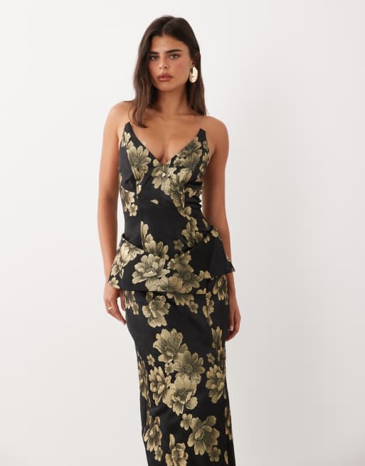 ASOS LUXE vestito midi jacquard con spalle scoperte nero e oro, 2 di 4