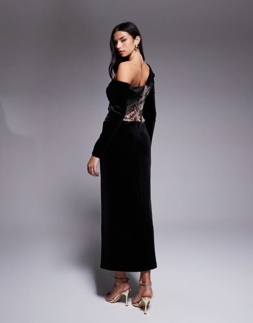 ASOS LUXE - Vestito midi nero in velluto con inserti in jacquard, 2 di 4