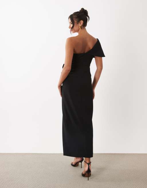ASOS LUXE - Vestito midi strutturato drappeggiato nero con perle, 4 di 4