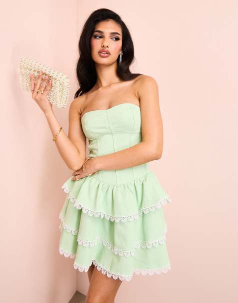 ASOS LUXE - Vestito skater corto a balze in denim e pizzo verde pastello a fascia - view 1