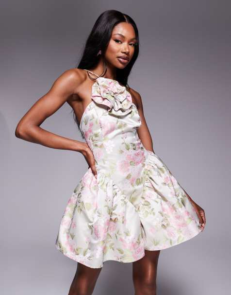 ASOS LUXE - Vestito skater corto allacciato al collo in jacquard con stampa floreale e decorazione a forma di fiore - view 1
