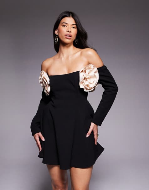 ASOS LUXE - Vestito skater corto nero con scollo alla Bardot e dettagli floreali - view 1