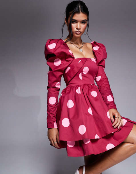 ASOS LUXE - Vestito skater corto strutturato in rasatello di cotone a pois - view 1