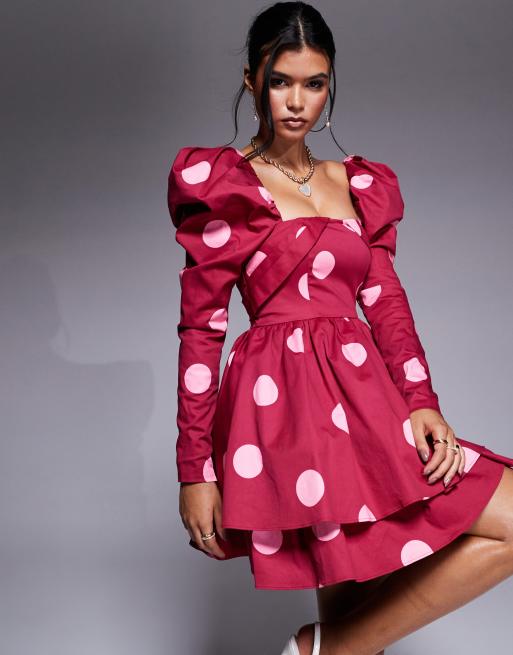 ASOS LUXE - Vestito skater corto strutturato in rasatello di cotone a pois
