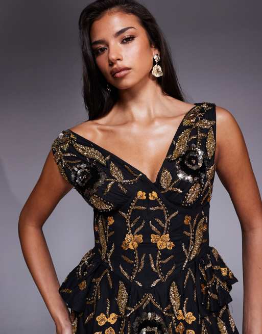 ASOS LUXE - Vestito skater nero a corsetto con decorazioni floreali, 4 di 4