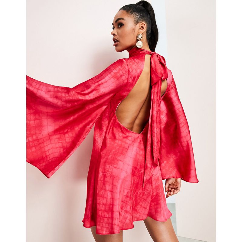 Hn0hN Designer Luxe - Vestito svolazzante aperto dietro con maniche svasate in rosa con stampa pitonata