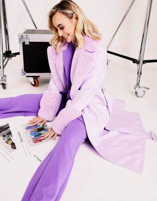 ASOS LUXE vinyl trench coat with faux fur trim in lilac