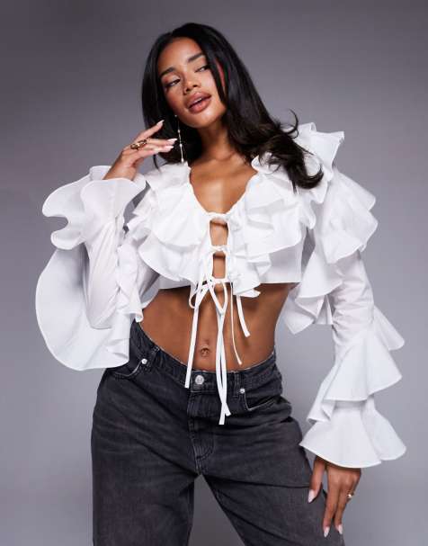ASOS LUXE – Vit blus med överdrivna volangärmar i bomullspoplin - view 1