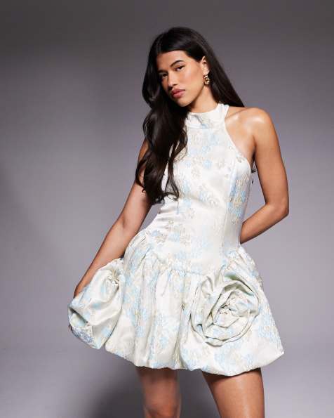 ASOS LUXE – Vit och blå miniklänning i jacquard med ballongfåll och knytning vid halsen - view 1