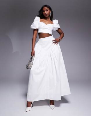 ASOS LUXE - Voluminöser Maxirock aus weißem Baumwoll-Satin mit Schleife hinten, Kombiteil