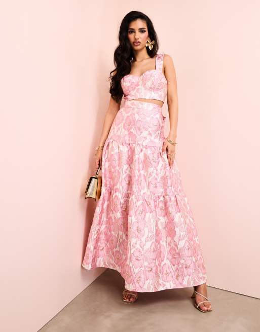 ASOS Luxe – Warstwowa żakardowa spódnica maxi w różowy kwiatowy wzór z kokardą z tyłu, część zestawu