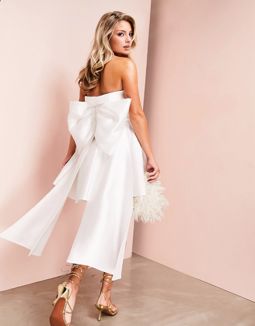 ASOS LUXE Wedding corsetted bandeau bowback satin mini dress in white