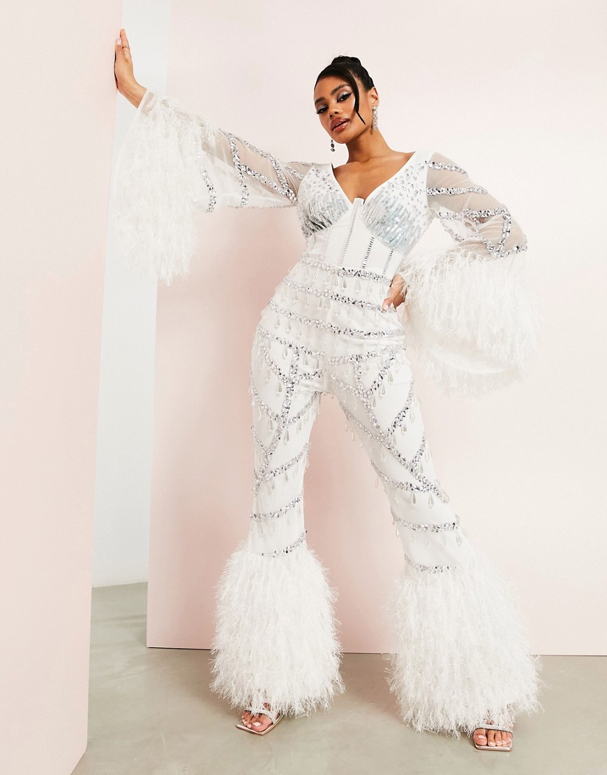 ASOS LUXE Wedding embellished wide leg jumpsuit with faux feather trim detail in white