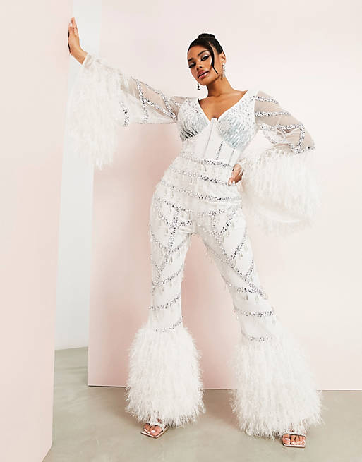 ophøre Claire Zealot ASOS LUXE Wedding embellished wide leg jumpsuit with faux feather trim  detail in white | ASOS