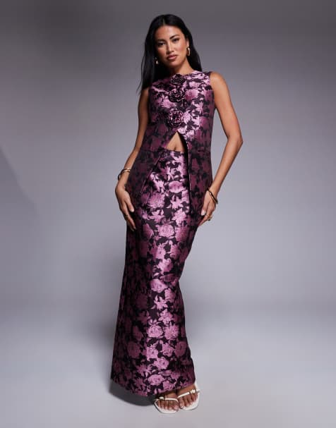 ASOS LUXE – Weste mit 3D-Blüten und eleganter Rock mit Schlitz hinten aus Jacquard - view 1