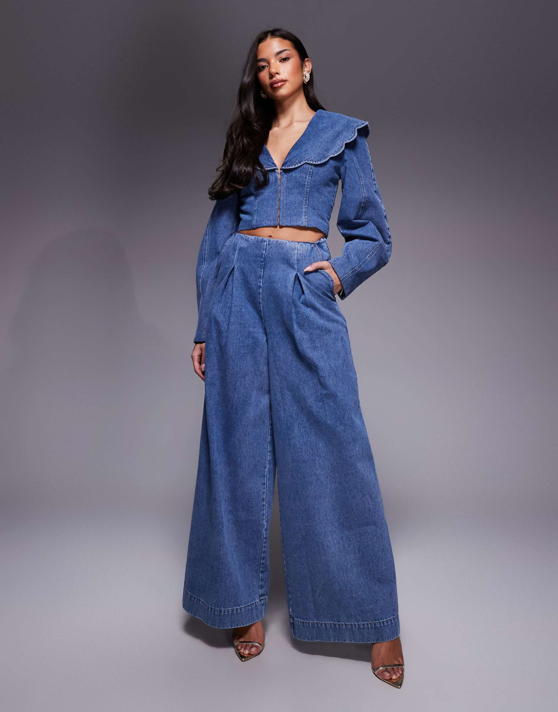 asos luxe wide leg denim jeans with corset detail in mid blue - part of a set