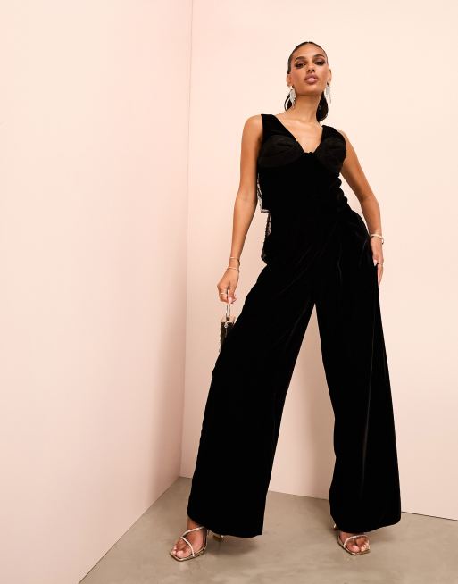 ASOS LUXE wide leg flared velvet pants in black