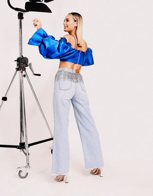 ASOS LUXE wide leg jean with diamante trim in mid wash blue