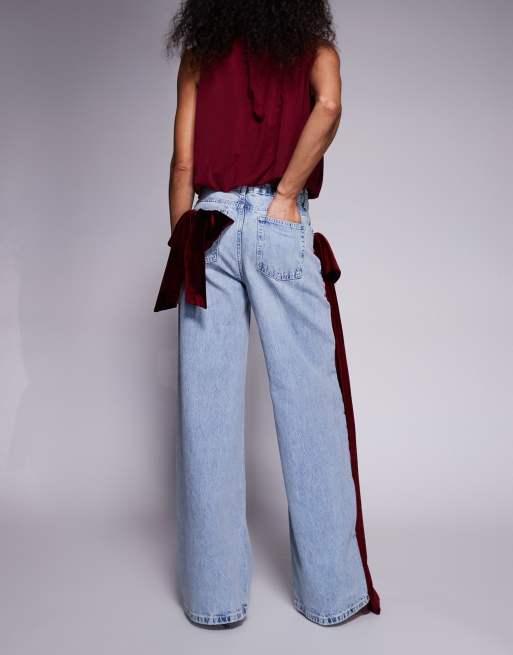 ASOS LUXE wide leg jeans with 3D velvet bow detail in light blue, 2 of 5