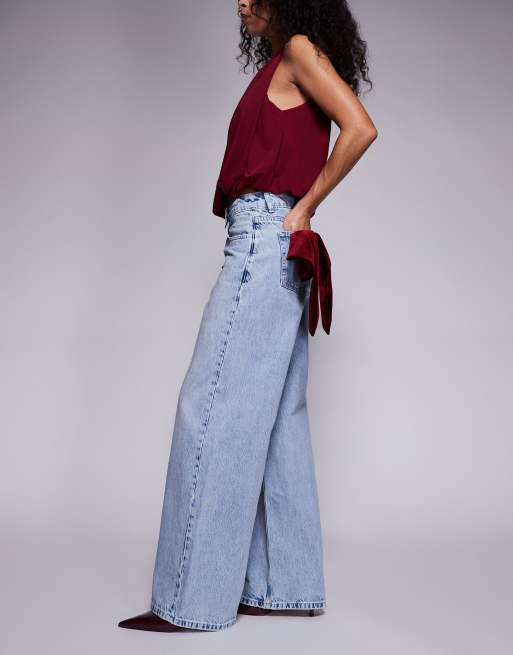 ASOS LUXE wide leg jeans with 3D velvet bow detail in light blue, 3 of 5