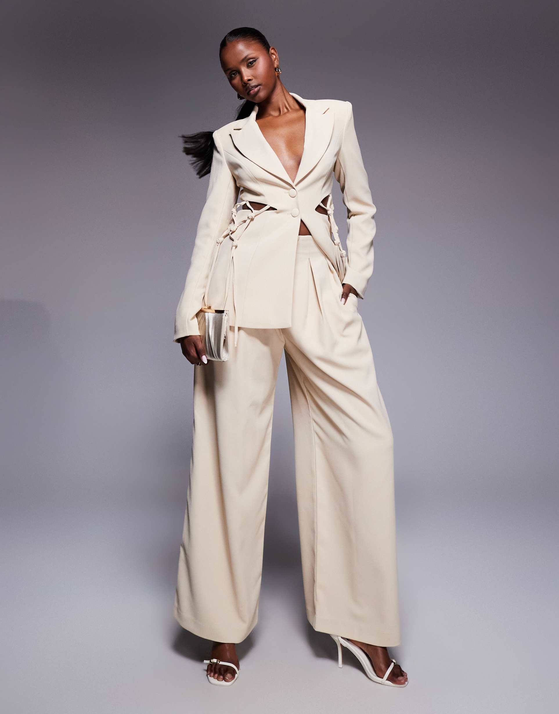 asos luxe wide leg pants in stone - part of a set