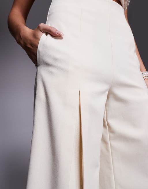 ASOS LUXE wide leg pleated linen pants in cream, 3 of 5