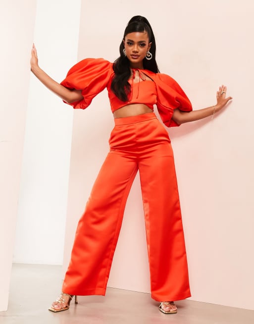 Color Block Satin Pants Set (Orange/ Fuchsia)