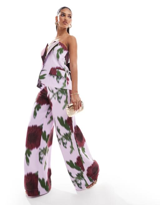 ASOS LUXE wide leg suit pants in blurred floral (part of a set)