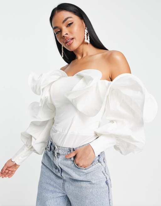 ASOS LUXE wire bardot poplin bodysuit in white | ASOS