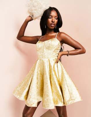 wire hem cami mini dress in gold jacquard