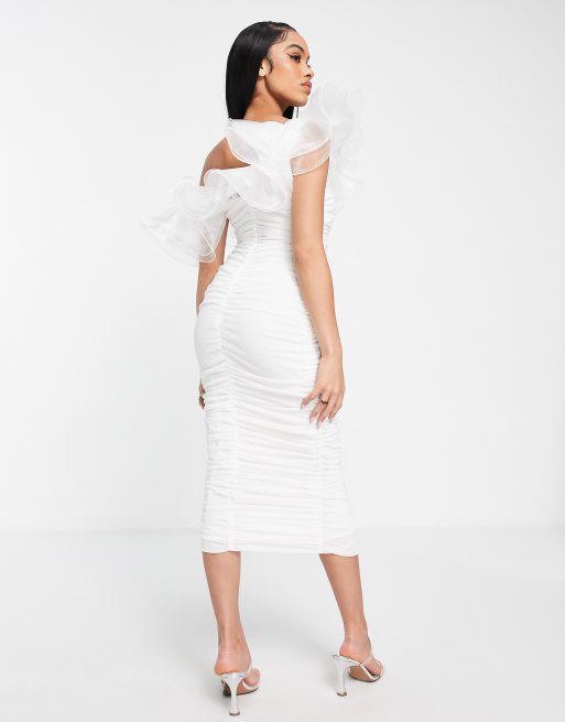 ASOS LUXE wired ruffle one shoulder ruched midi dress in white