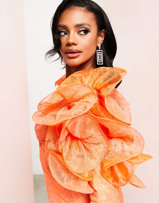 ASOS LUXE wired ruffle shoulder lace mini dress in orange