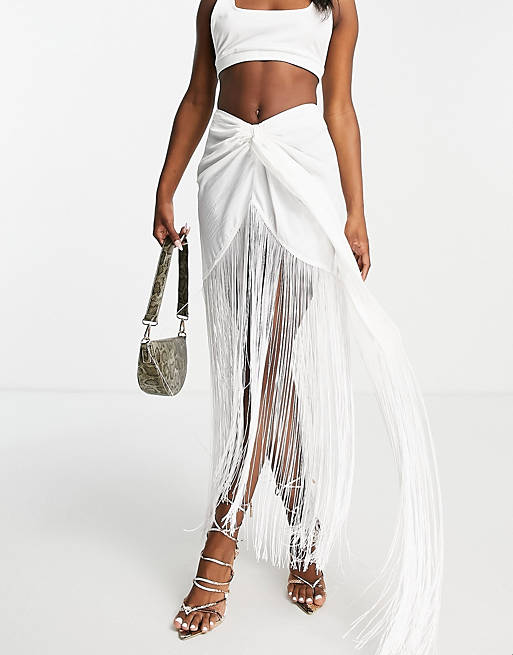 ASOS DESIGN wrap linen skirt with fringe in white