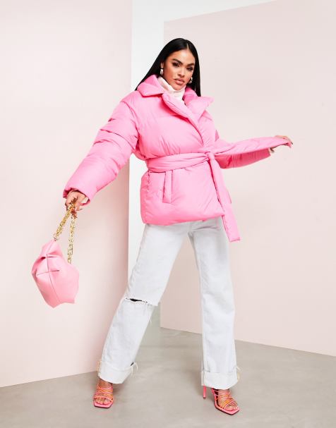 ASOS LUXE wrap puffer coat in hot pink - view 1