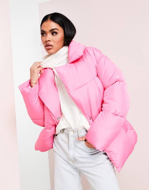 ASOS LUXE wrap puffer coat in hot pink