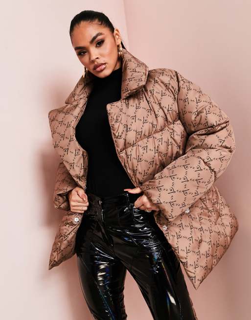 ASOS DESIGN puffer jacket in brown monogram print