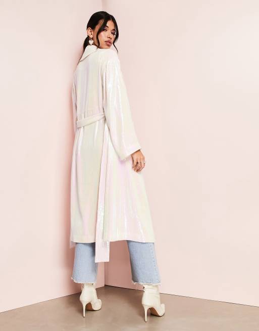 ASOS LUXE wrap trench coat in white sequin | ASOS