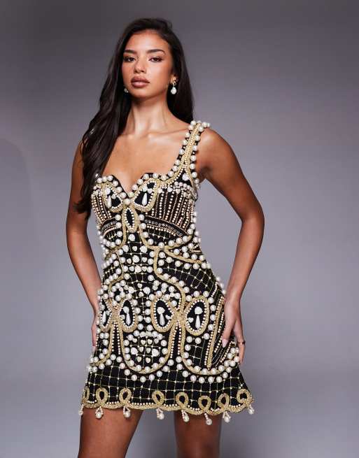 ASOS Luxe – Zdobiona czarna sukienka mini z kwadratowym dekoltem, 4 z 4
