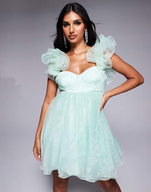 ASOS Luxe – Zielona sukienka mini w stylu babydoll z falbanką z organzy w groszki
